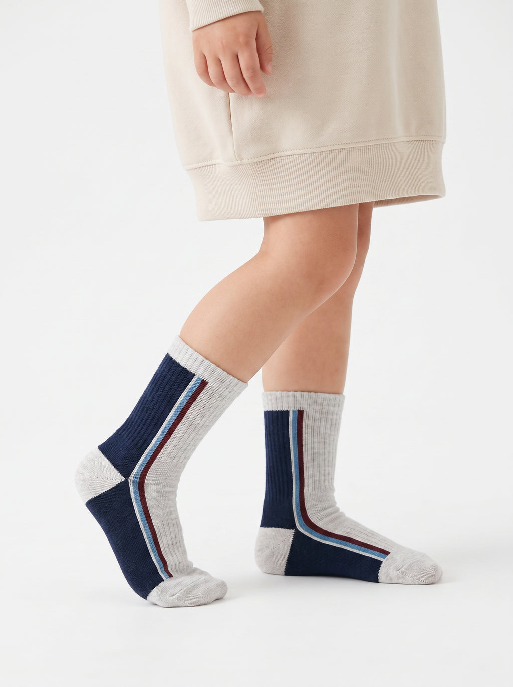 2-PACK of Boys Mid-Calf Retro Striped Cotton Socks - Beige/Black