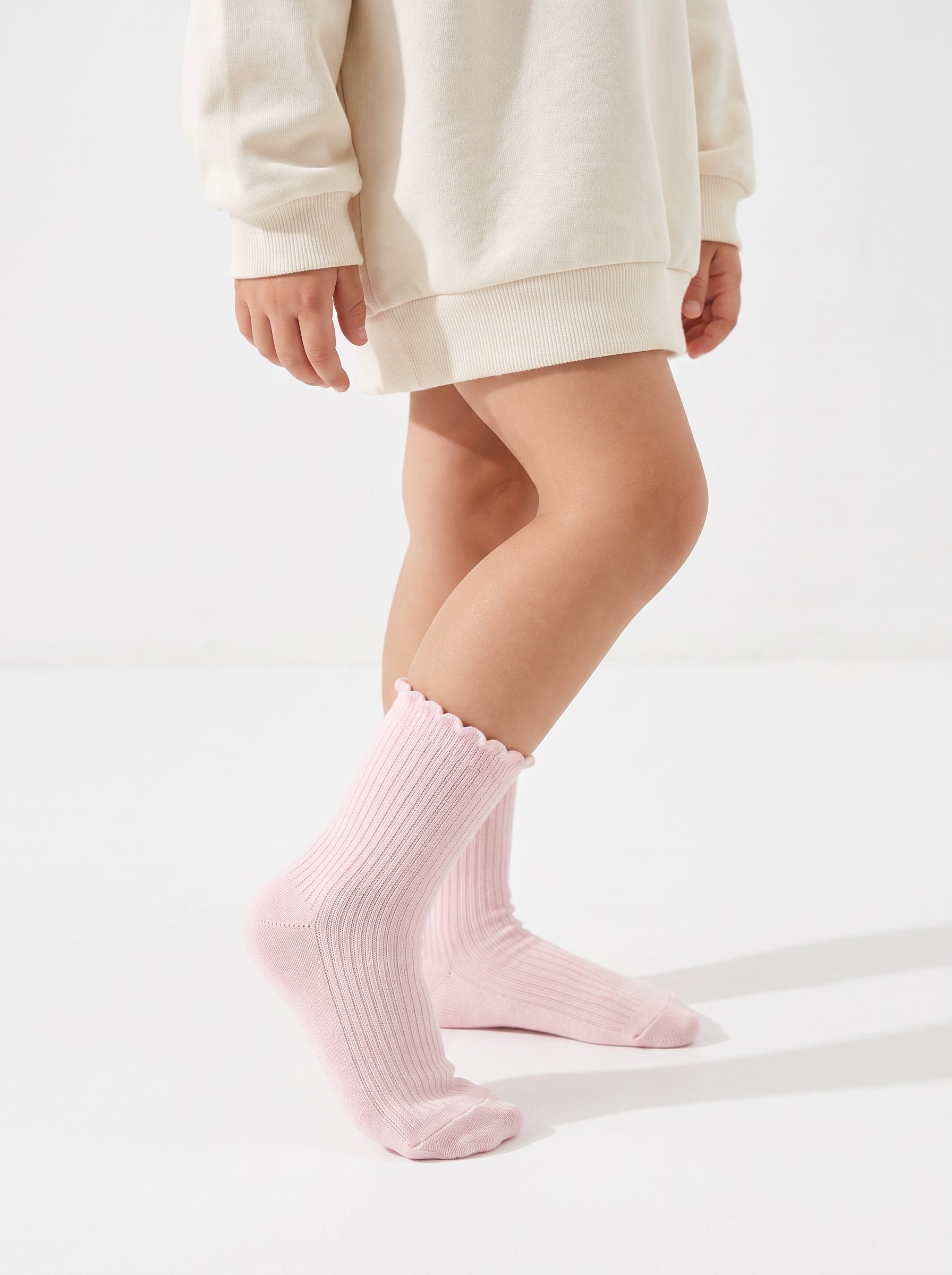 2-PACK of Girls Mid-Calf Polka dots and plain Cotton Socks- Pink/White