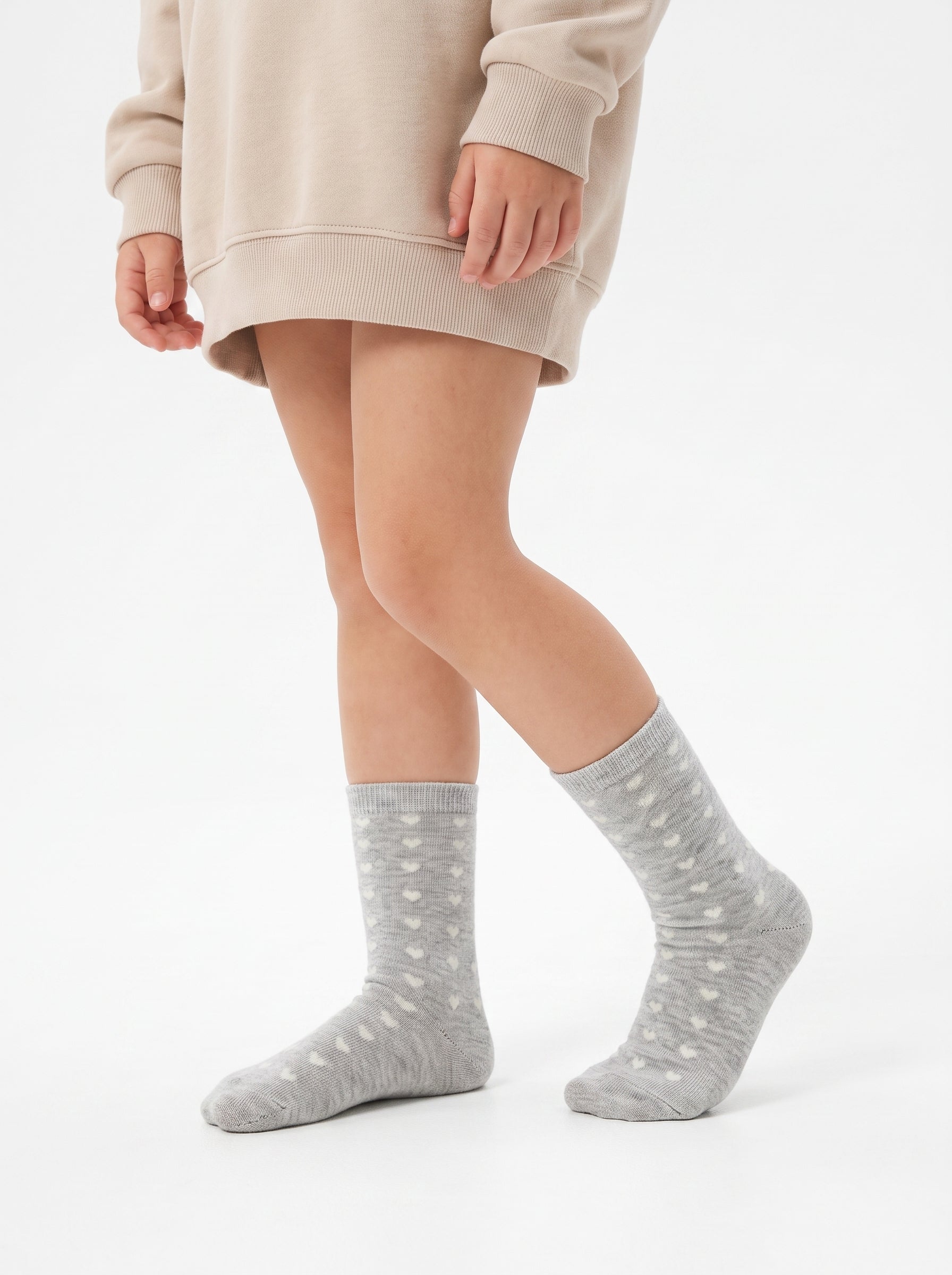 2-PACK of Girls Mid-Calf heart plain Cotton Socks - Grey