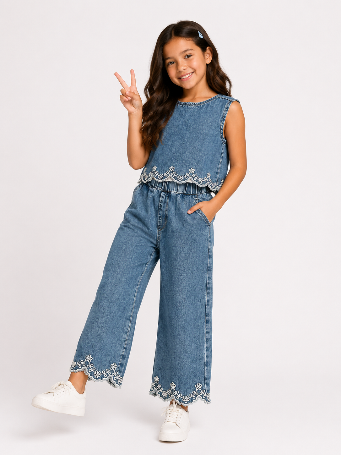 Girls denim set,  with comfy wavy hem Top, and wide-leg trousers with decorative hem detailing