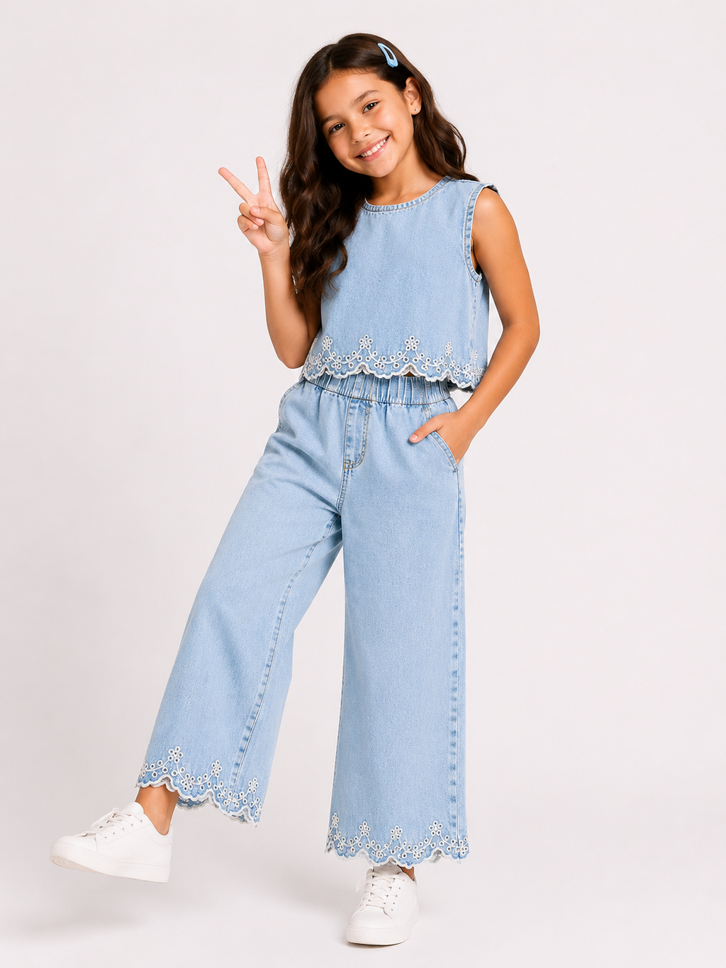 Girls denim set,  with comfy wavy hem Top, and wide-leg trousers with decorative hem detailing