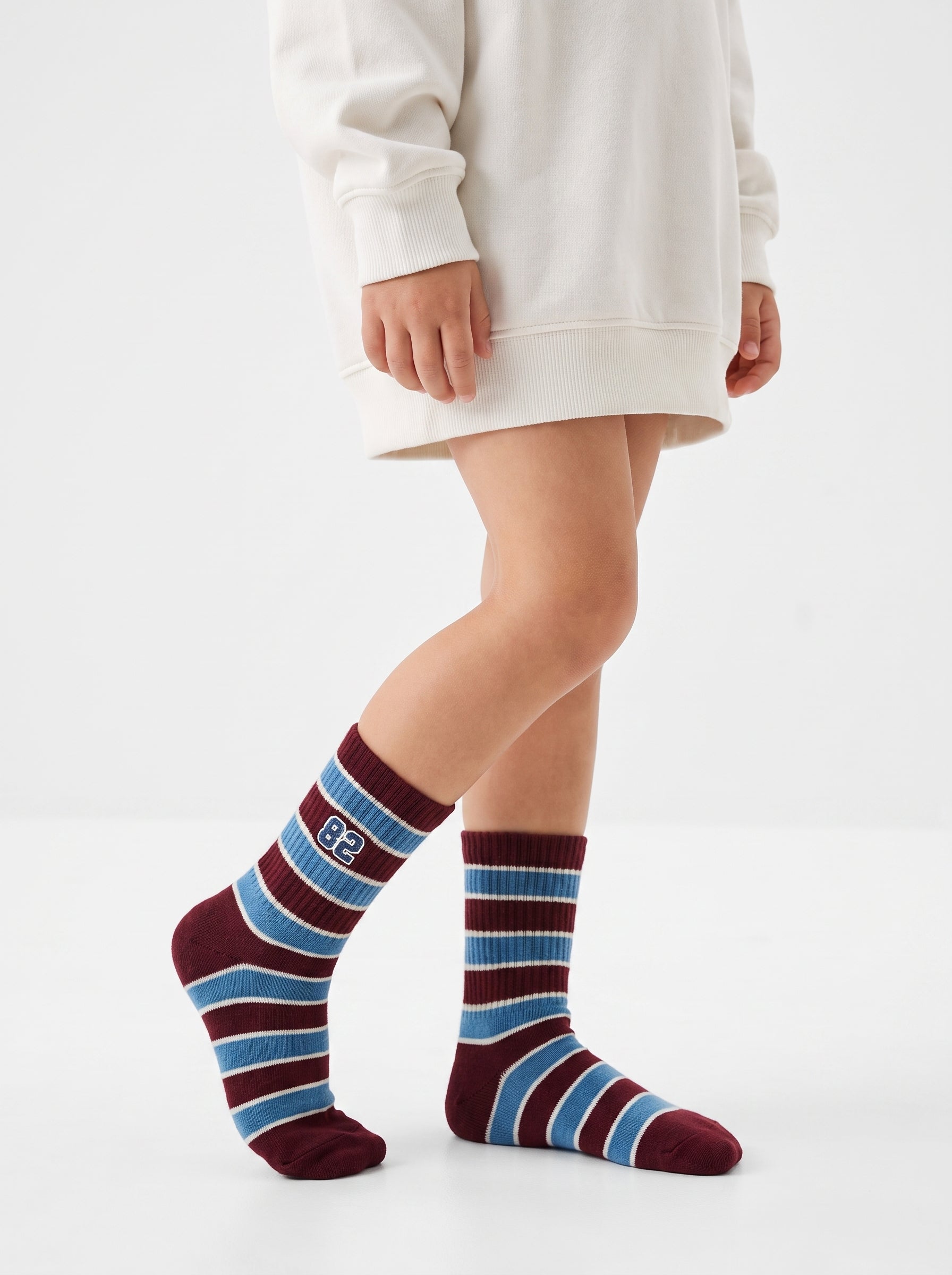 2-PACK of Boys Mid-Calf Retro Striped Cotton Socks - Jeans Blue/Burgundy