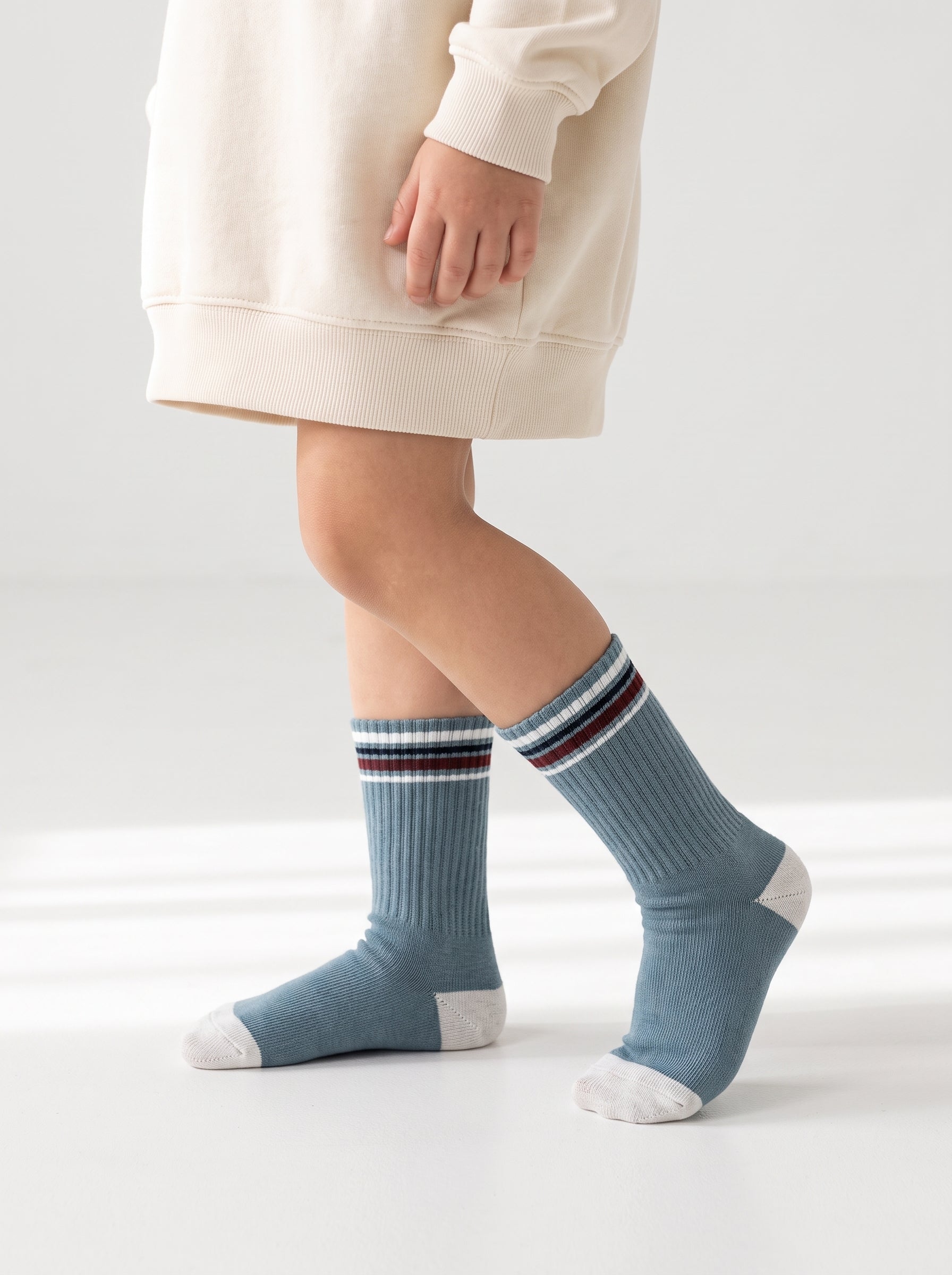 2-PACK of Boys Mid-Calf Retro Striped Cotton Socks - Jeans Blue/Burgundy