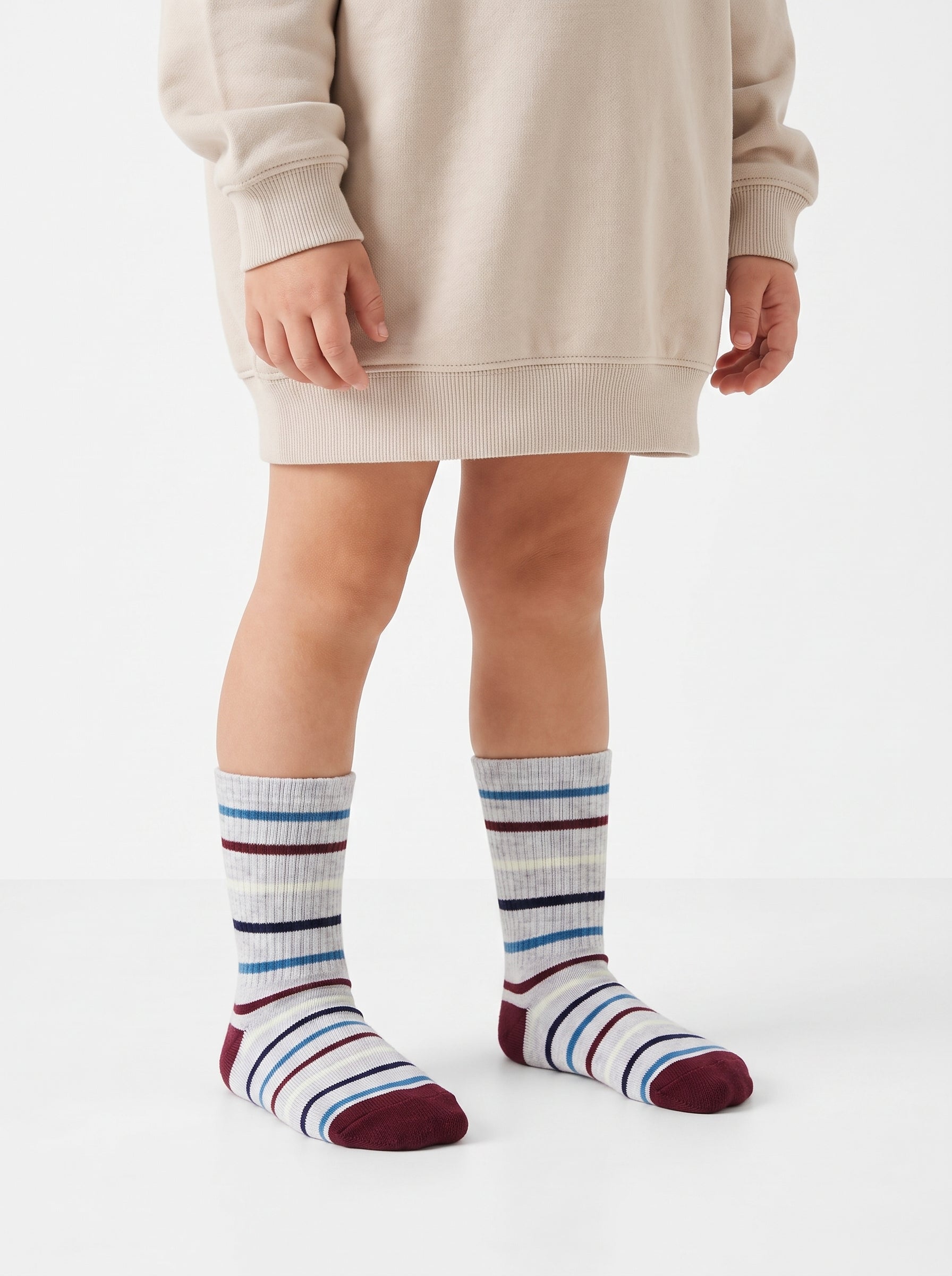 2-PACK of Boys Mid-Calf Retro Striped Cotton Socks and plain - Grey/White