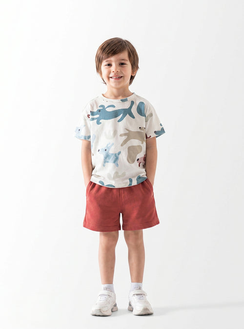 Boys Set 2 Pieces, Printed T-Shirt with Comfy Shorts, Unfinished Hem