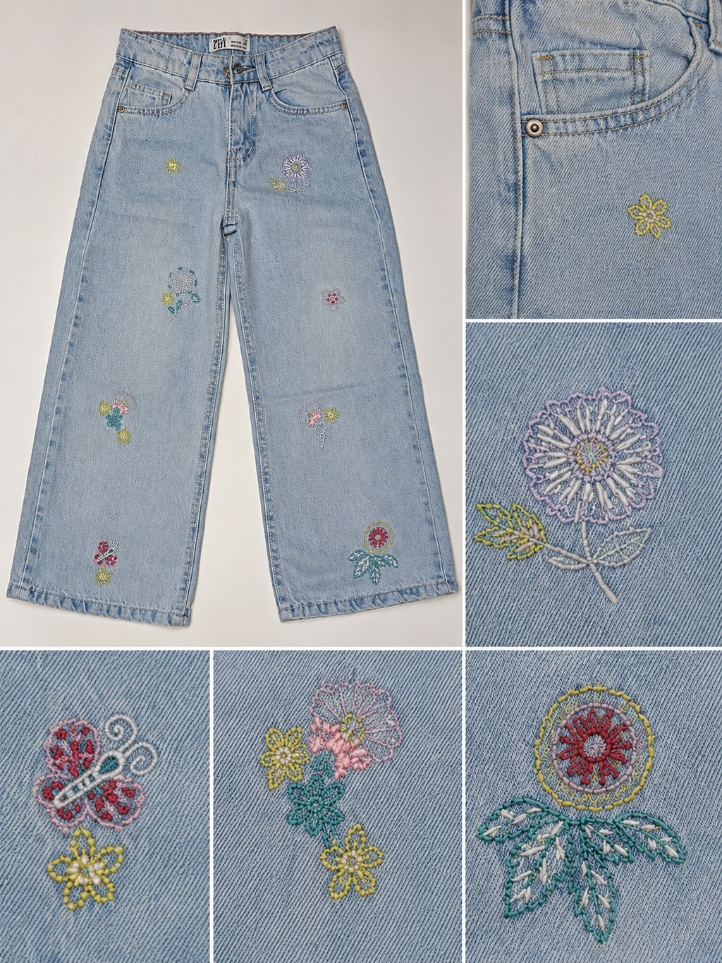 Girls wide legged embroidered denim pants - Light jeans color