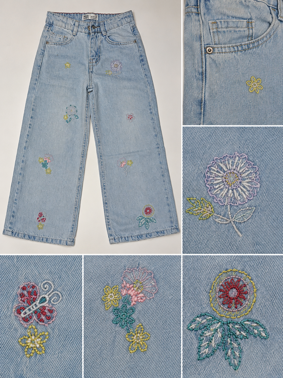 Girls wide legged embroidered denim pants - Light jeans color
