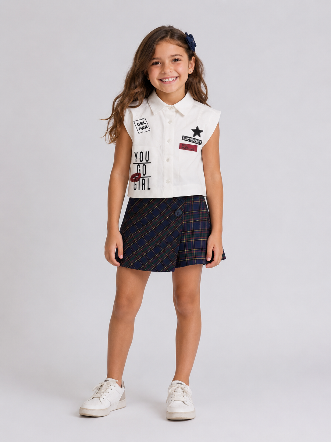Girls set button down shirt with plaid skirt