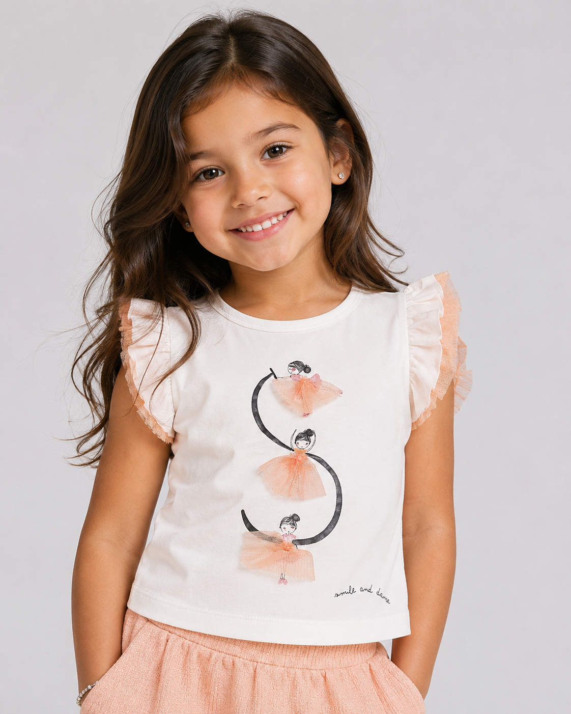 Girls sleevless tshirt with lace ruffles with front print