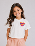 Girls White short sleeves t.shirt with Crochet handmade heart pocket