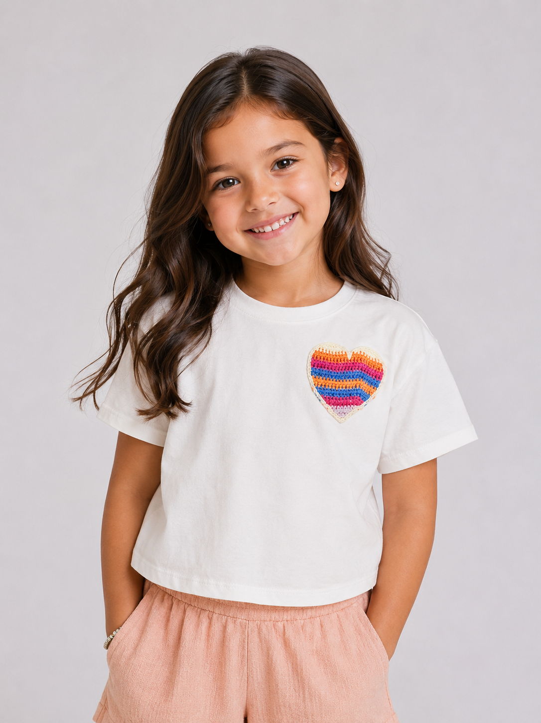 Girls White short sleeves t.shirt with Crochet handmade heart pocket