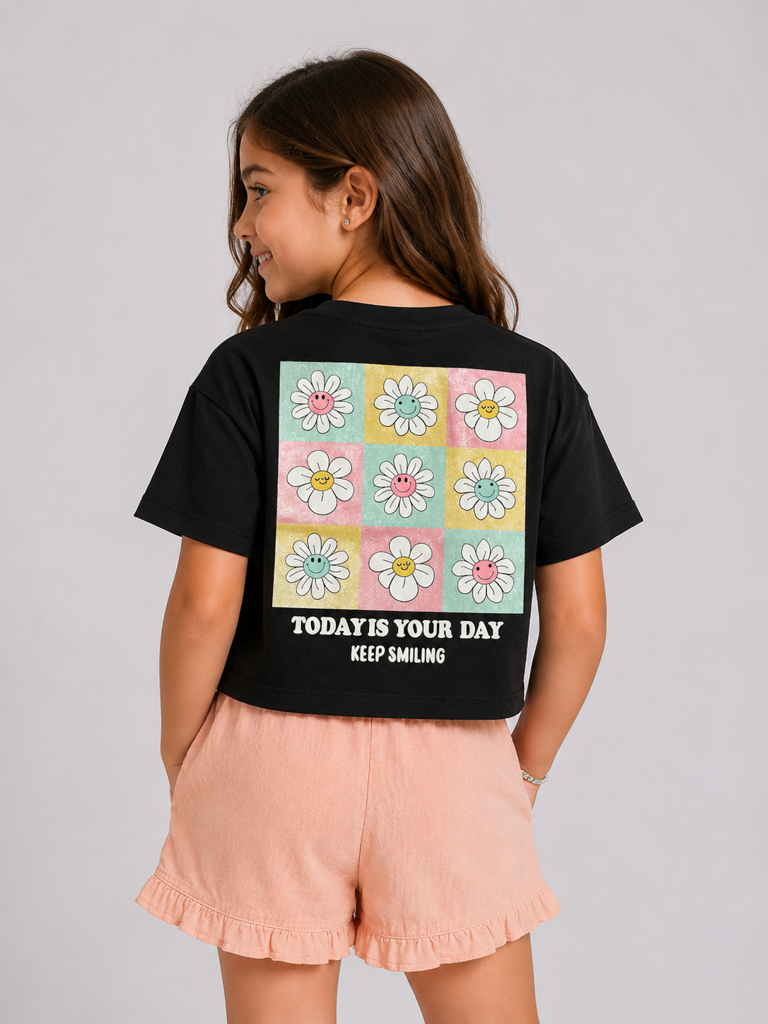 Girls boxy tshirt oversize with back flower print