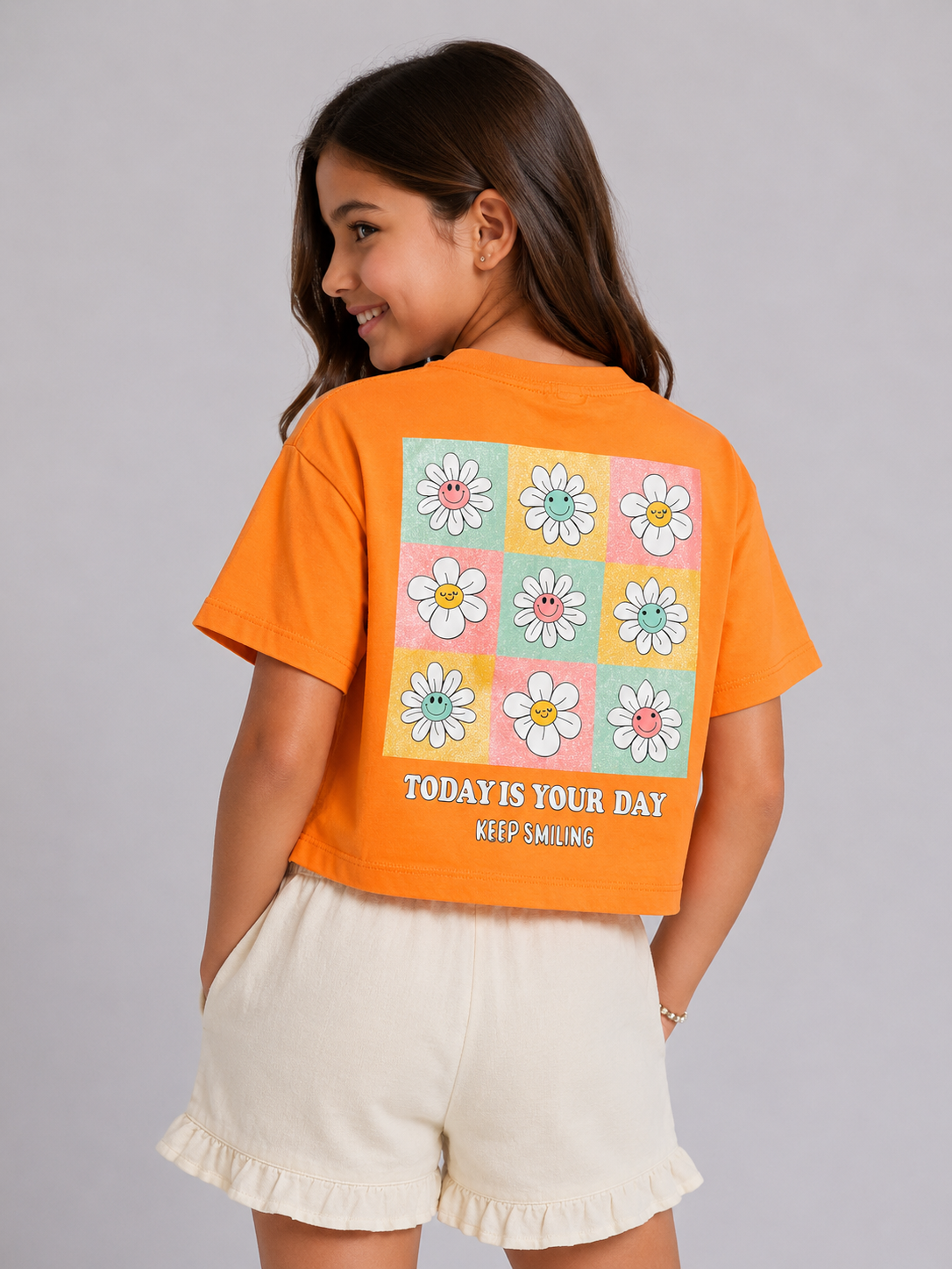 Girls boxy tshirt oversize with back flower print