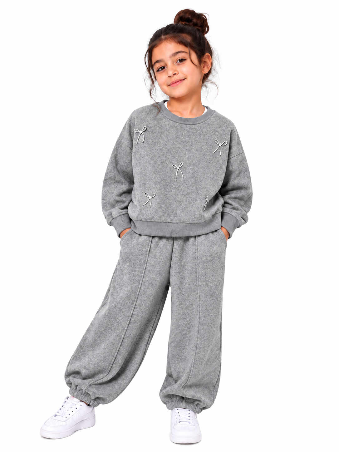 Bow Details Sweatshirt & Wide-Leg Pants Set