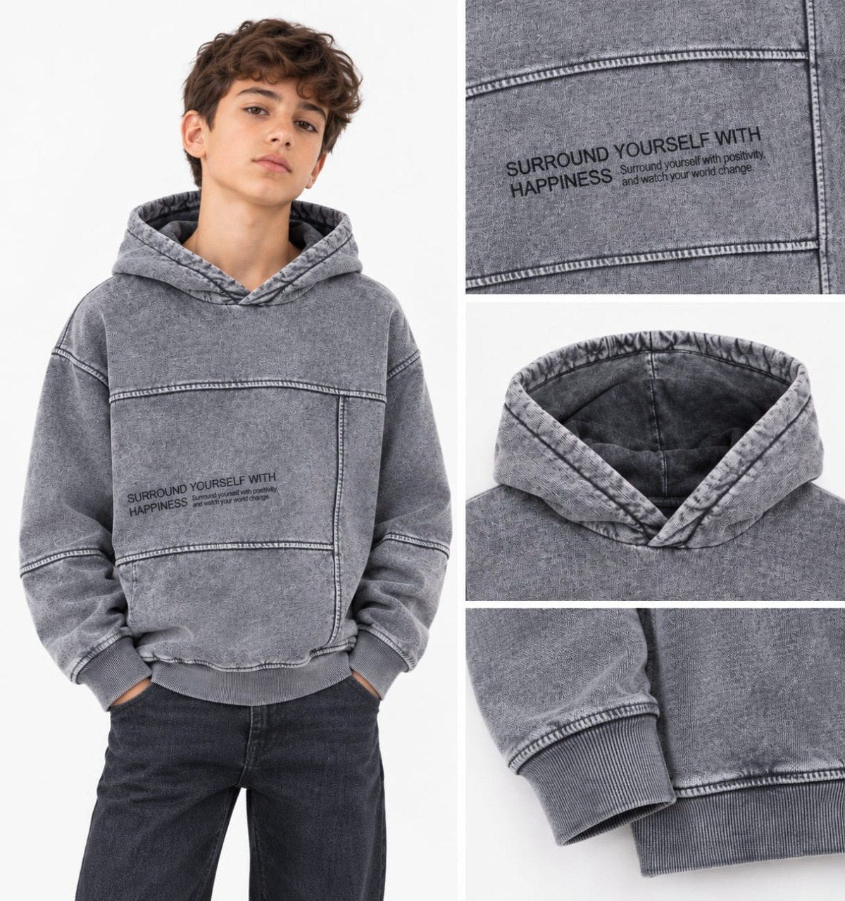 Boys Grey Washed Happiness Hoodie sweatshirt