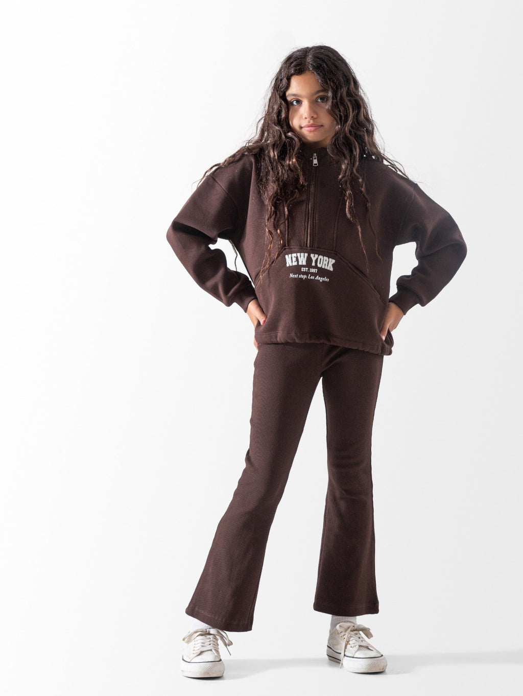 Girls’ New York Half-Zip Sweatshirt & Flared Pants Set – Brown