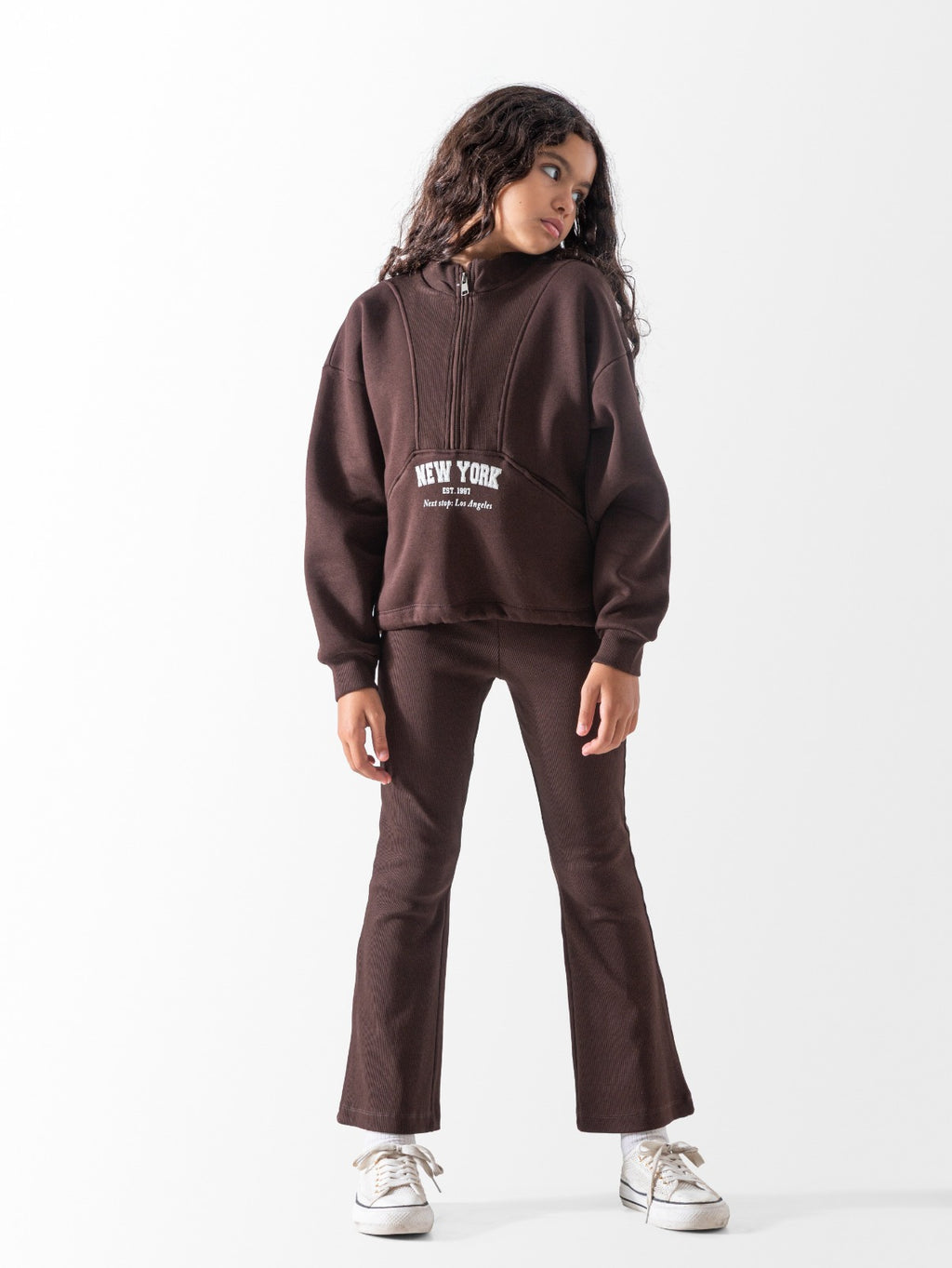 Girls’ New York Half-Zip Sweatshirt & Flared Pants Set – Brown