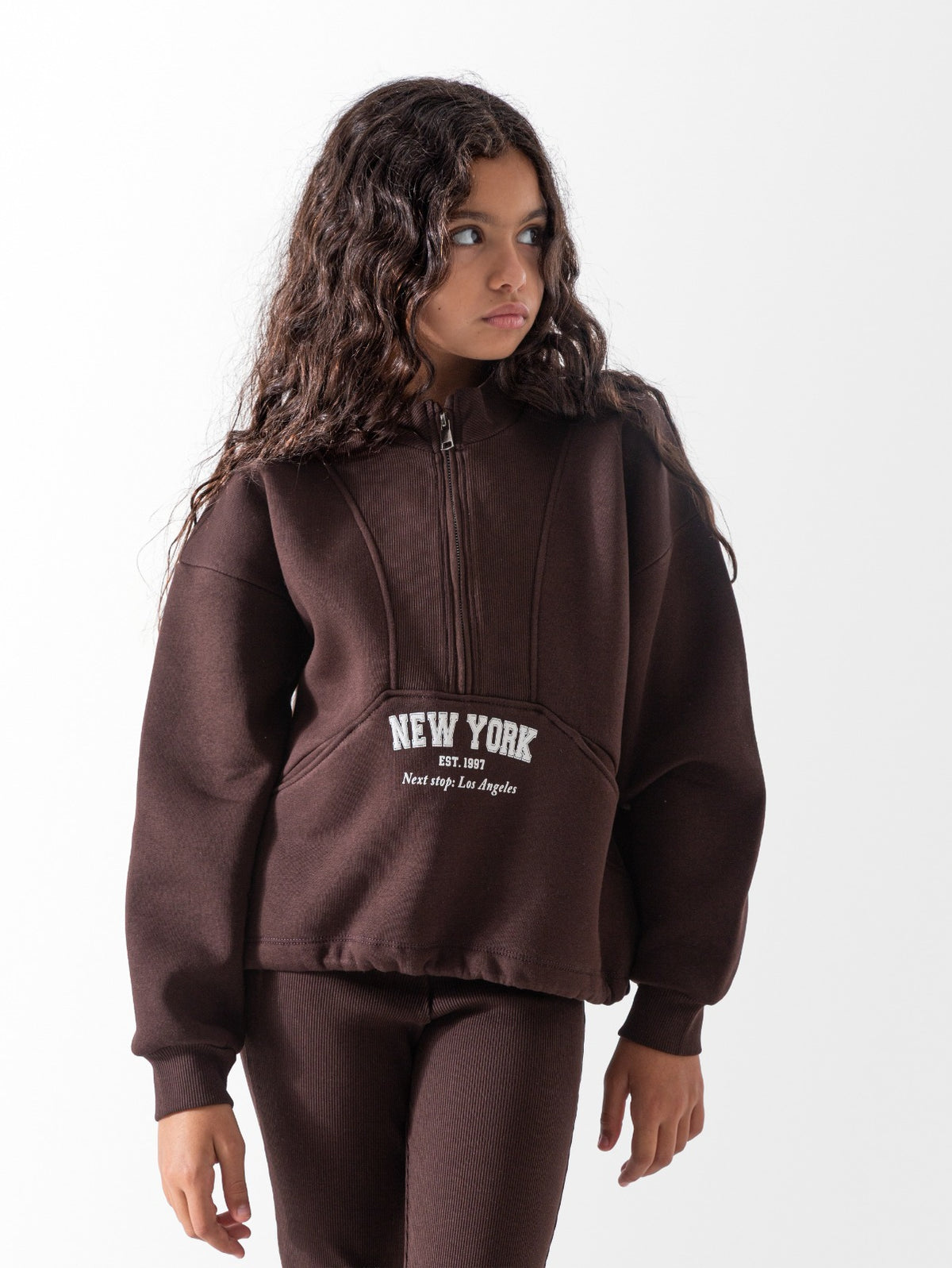 Girls’ New York Half-Zip Sweatshirt & Flared Pants Set – Brown