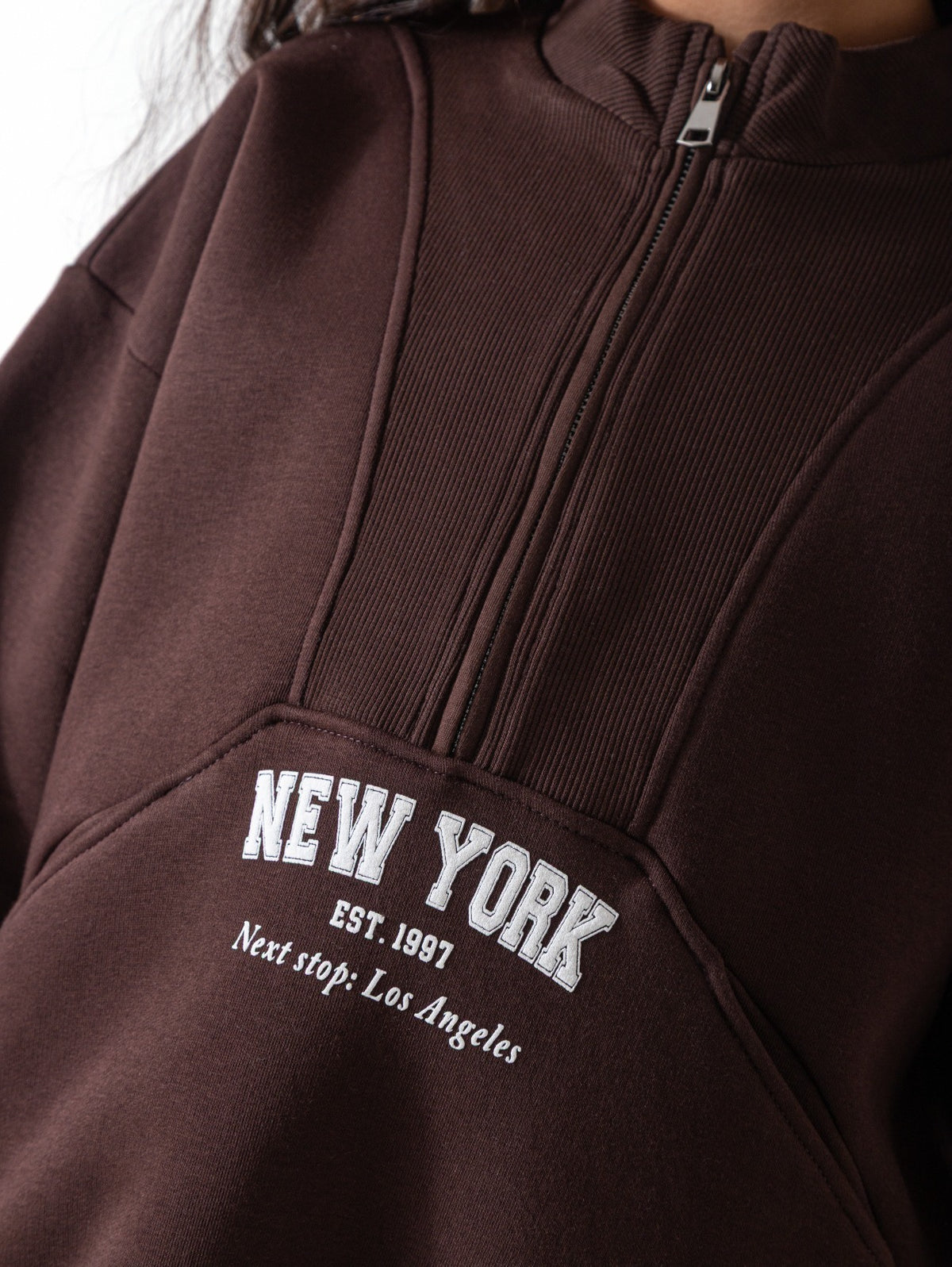 Girls’ New York Half-Zip Sweatshirt & Flared Pants Set – Brown