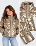 Girls Metallic Puffer Jacket – Zip-Up Winter Jacket