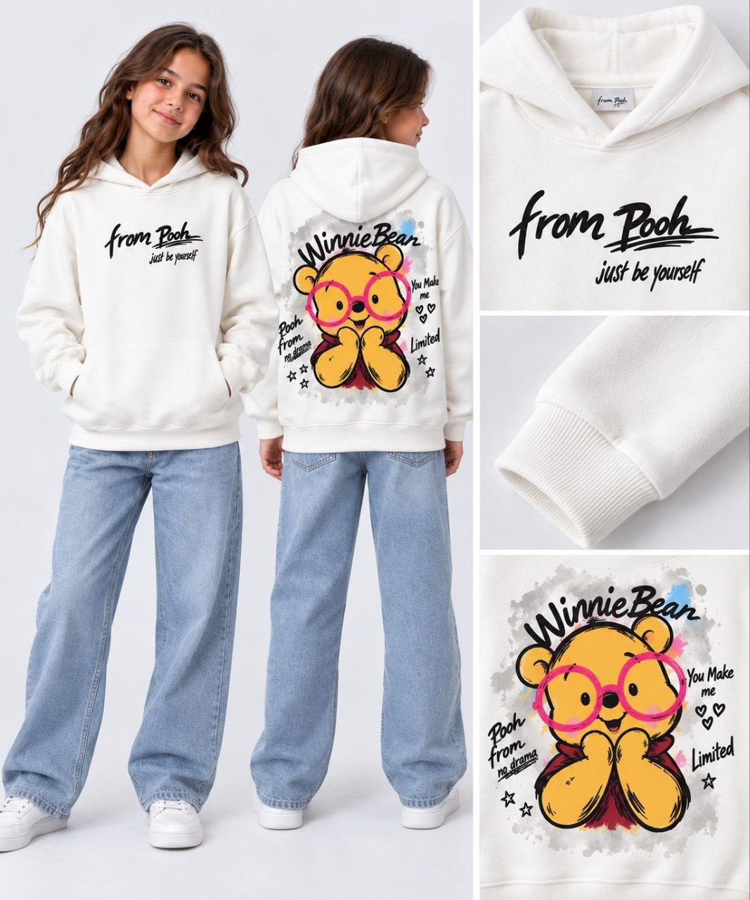 Girls Winnie Bear Graphic Hoodie – Fleece Sweatshirt