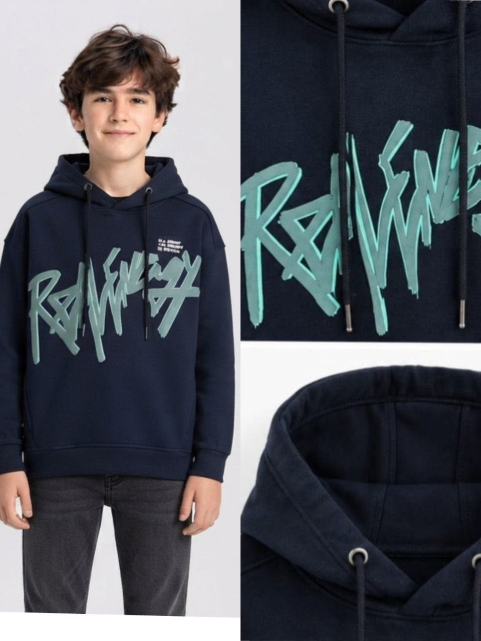 Boys’ Navy Graphic Fleece Hoodie – Pullover Sweatshirt