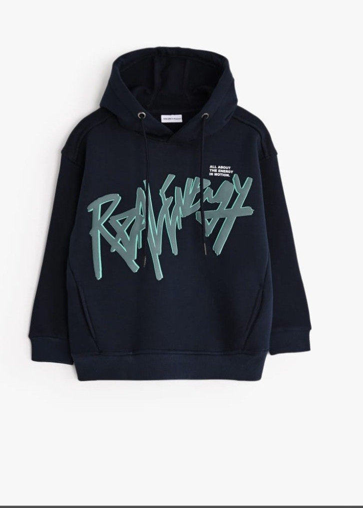 Boys’ Navy Graphic Fleece Hoodie – Pullover Sweatshirt