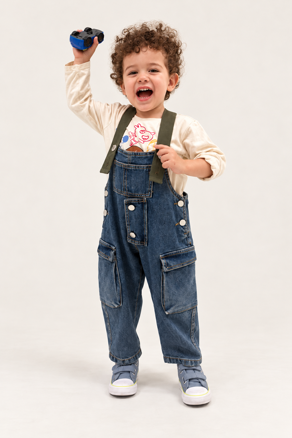 Kids jumpsuit jeans with olive strap, Loose fit boys and girls