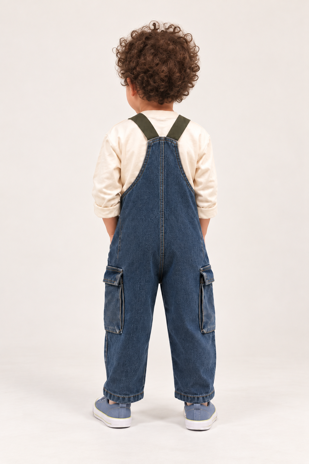 Kids jumpsuit jeans with olive strap, Loose fit boys and girls