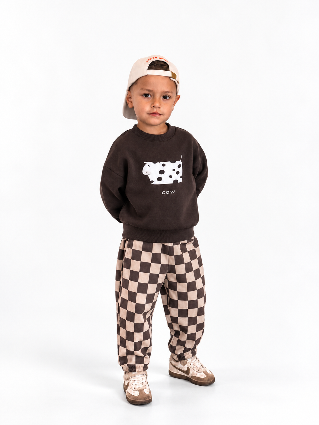 Boys Cow Print Sweatshirt & Checkered Jogger Pants Set