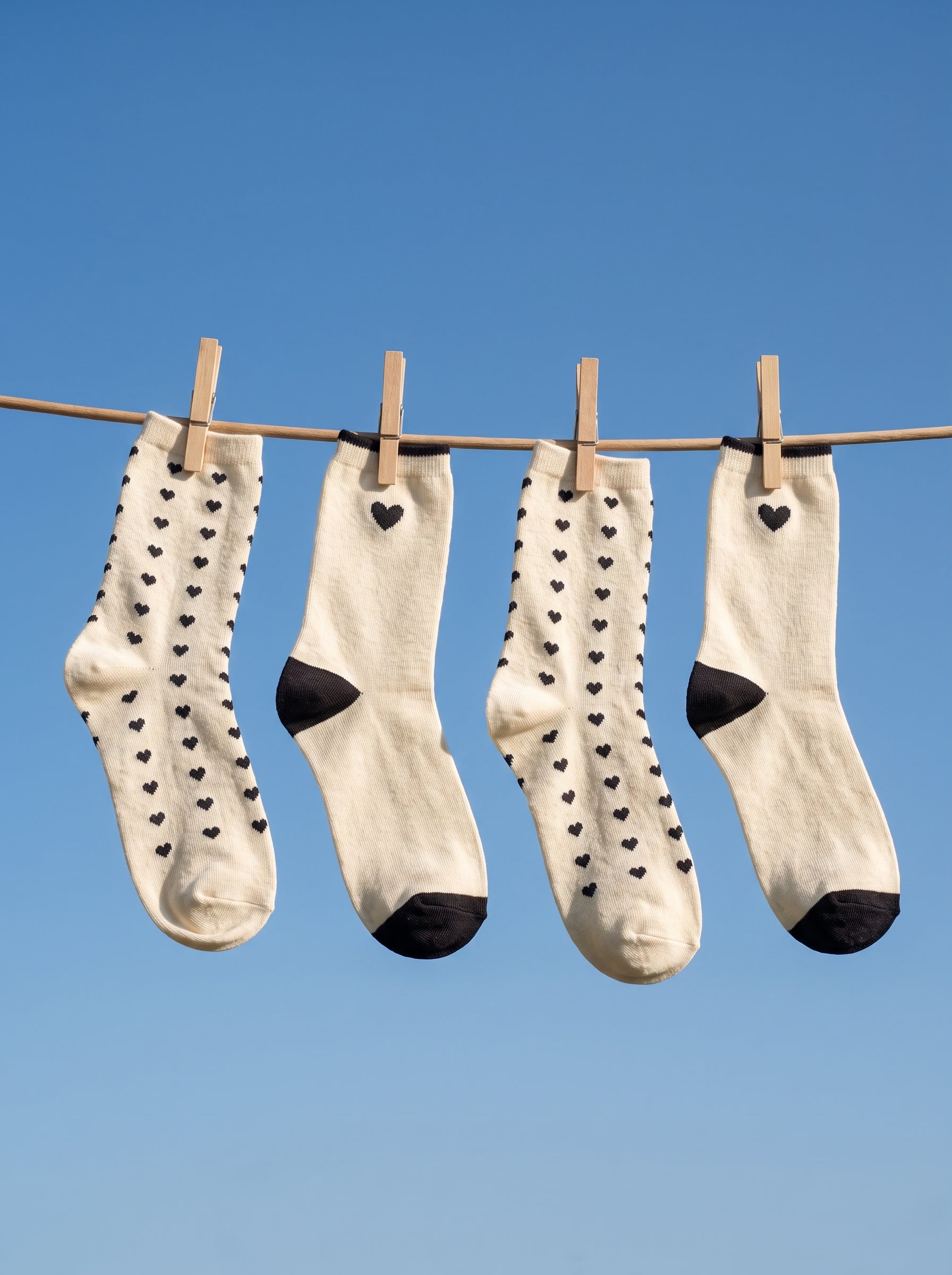 2-PACK of Girls Mid-Calf heart black and Offwhite Cotton Socks- Offwhite/Black