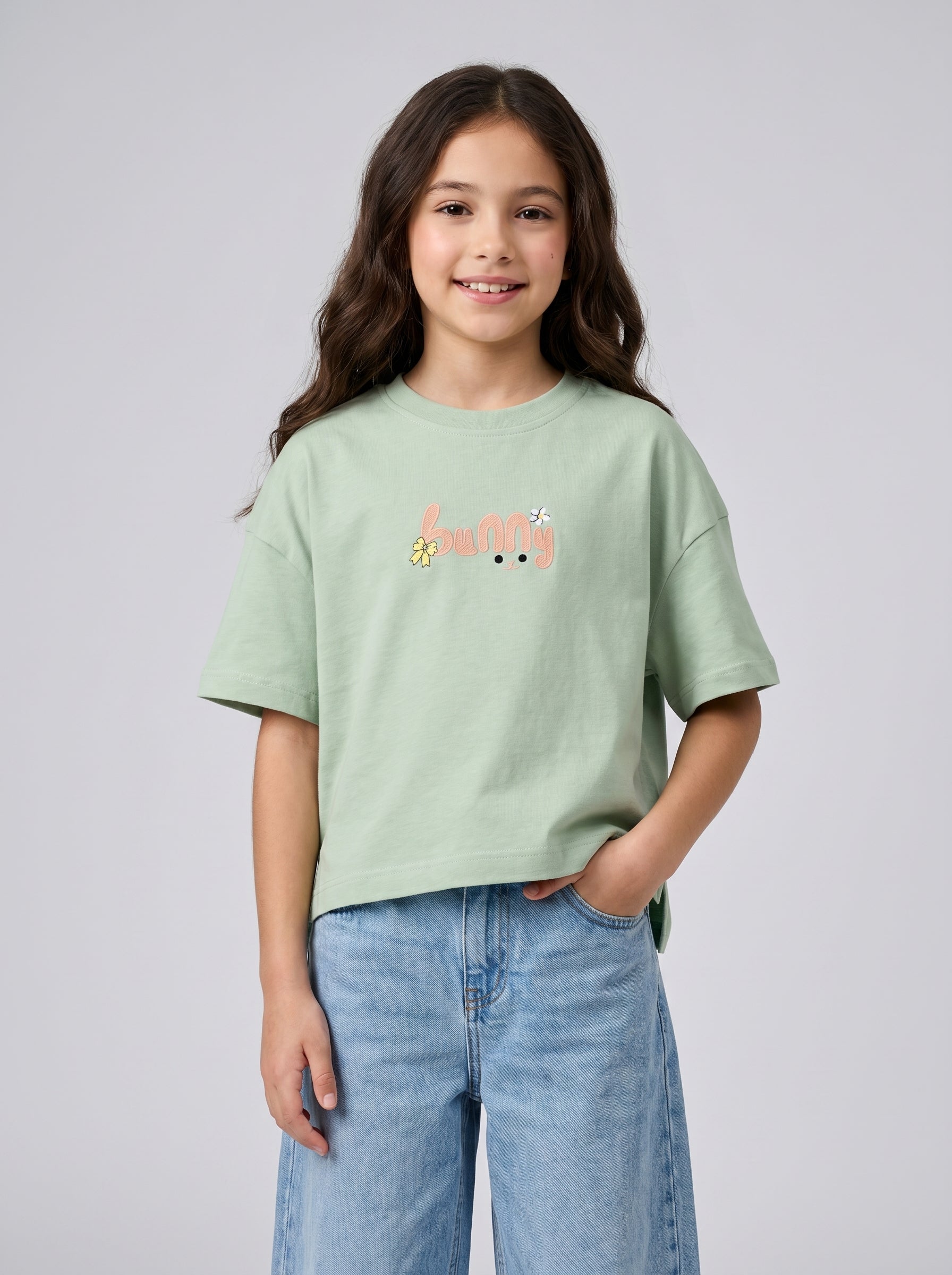 Girls boxy tshirt oversize with back ribbon print