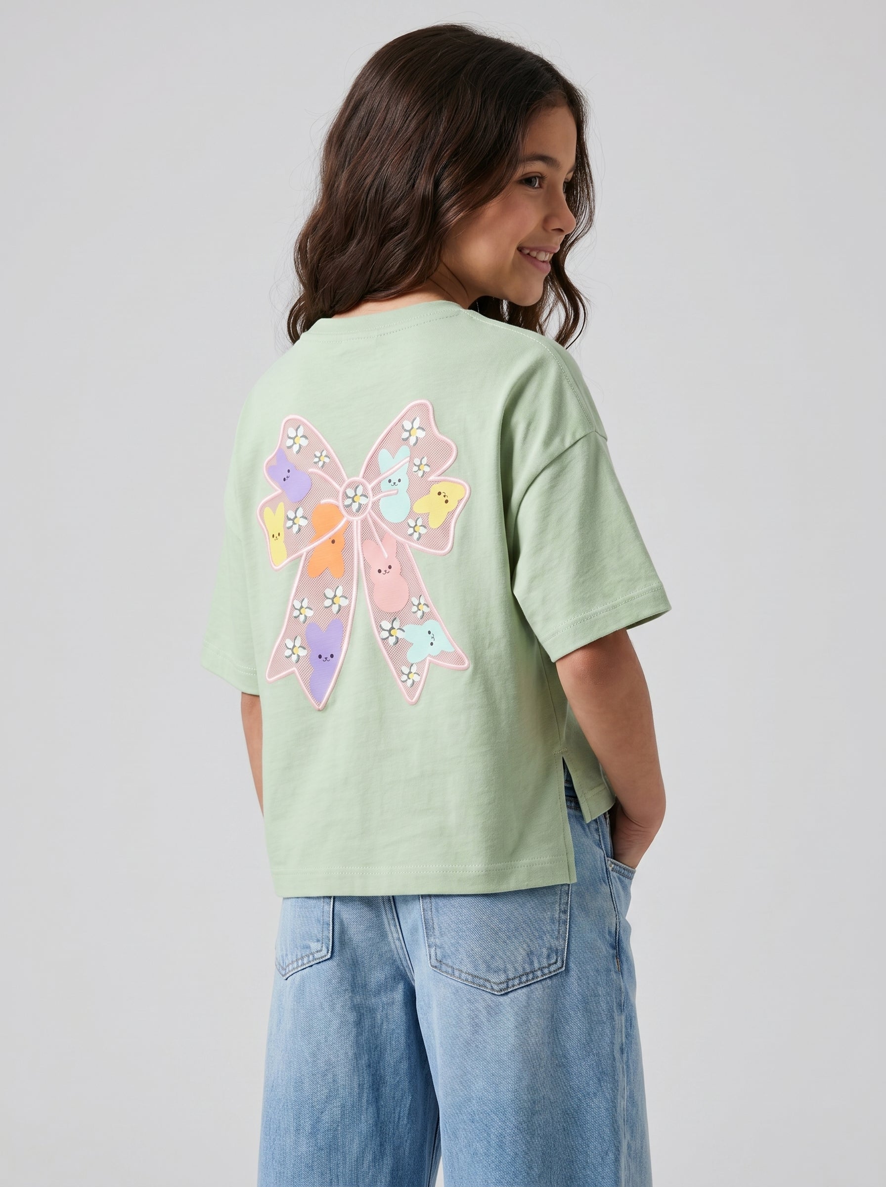 Girls boxy tshirt oversize with back ribbon print
