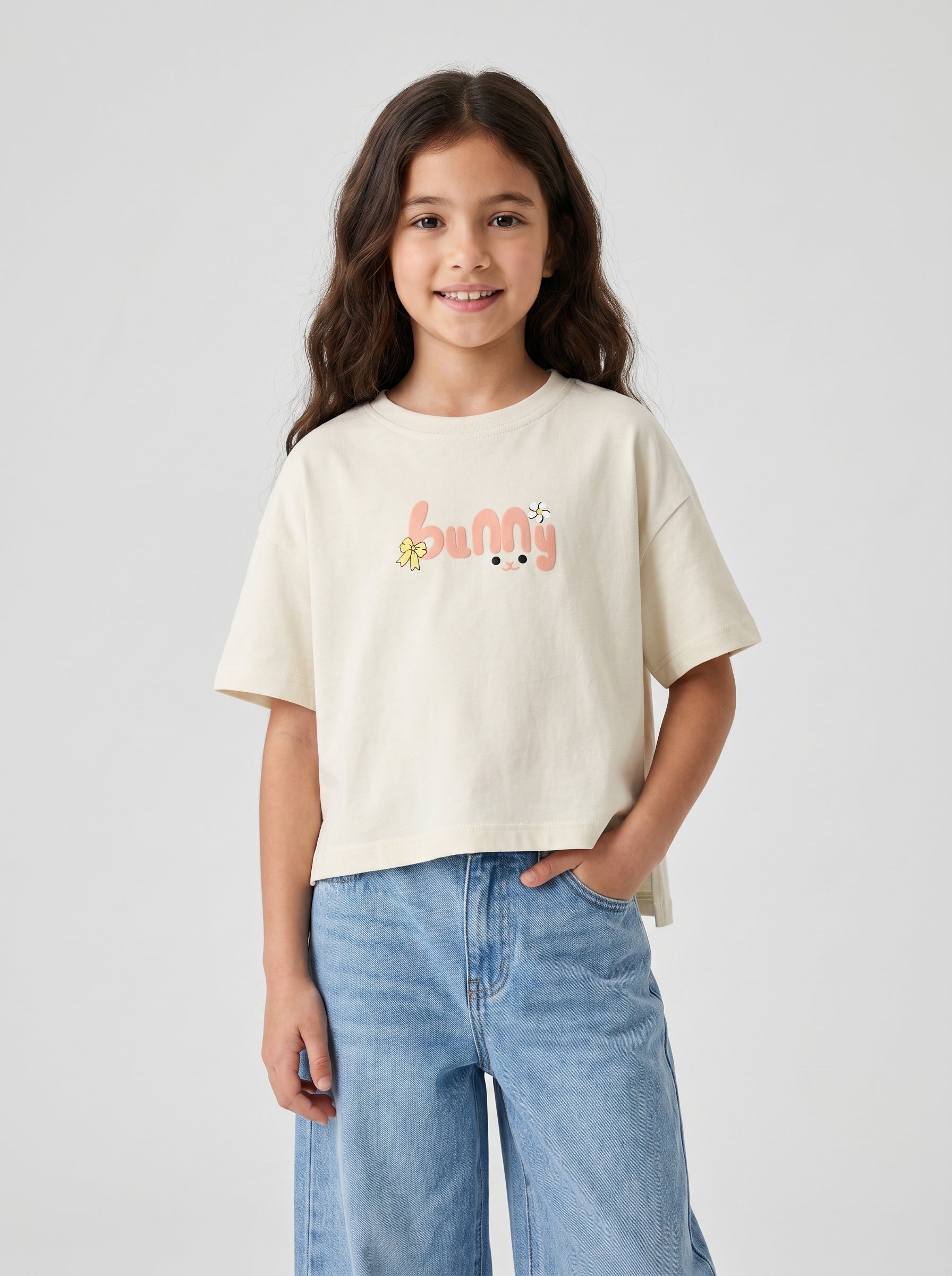 Girls boxy tshirt oversize with back ribbon print