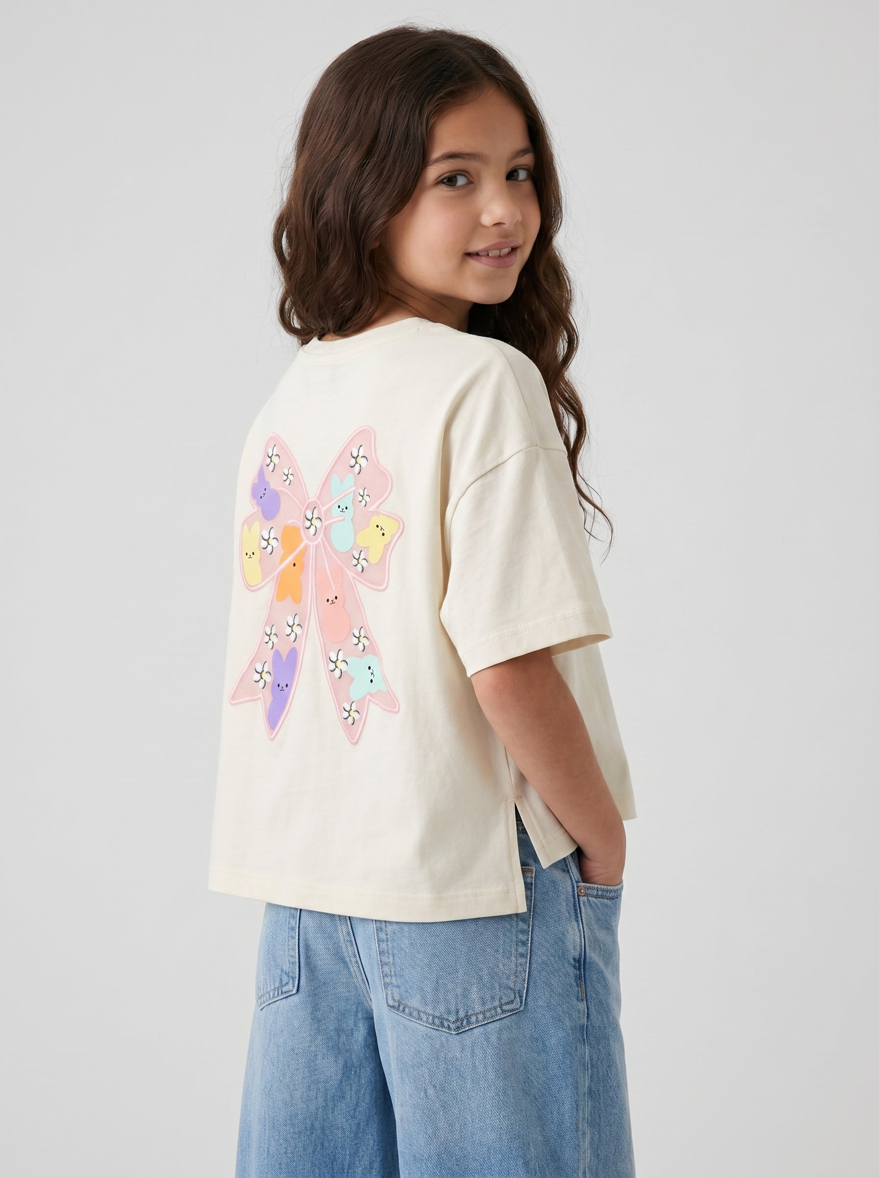 Girls boxy tshirt oversize with back ribbon print