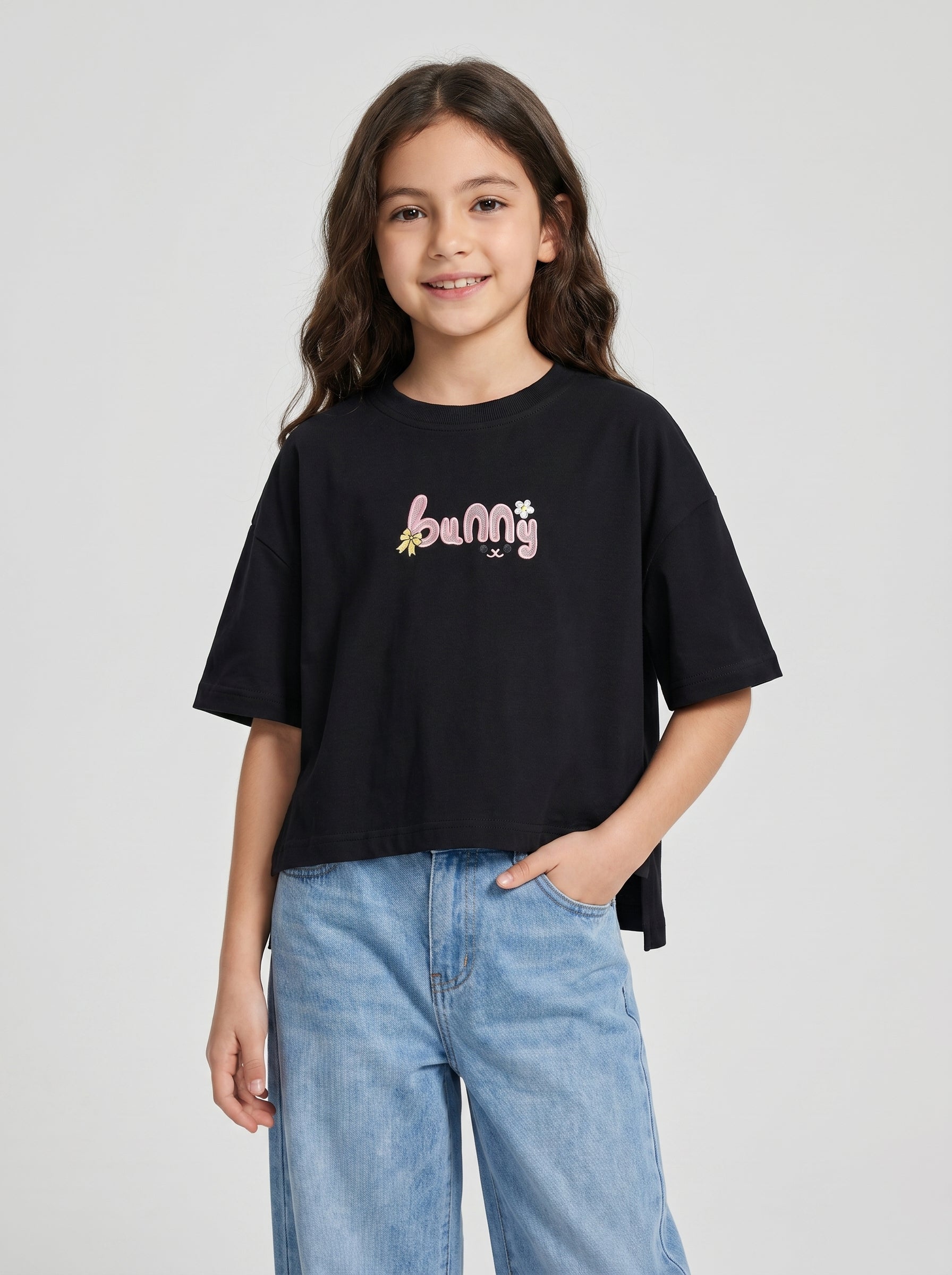 Girls boxy tshirt oversize with back ribbon print