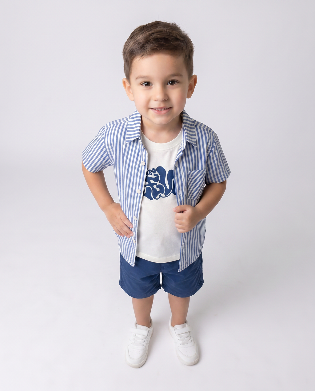 Boys set 3 Pieces stripes shirt with short sleeves printed tshirt and Gabardine short