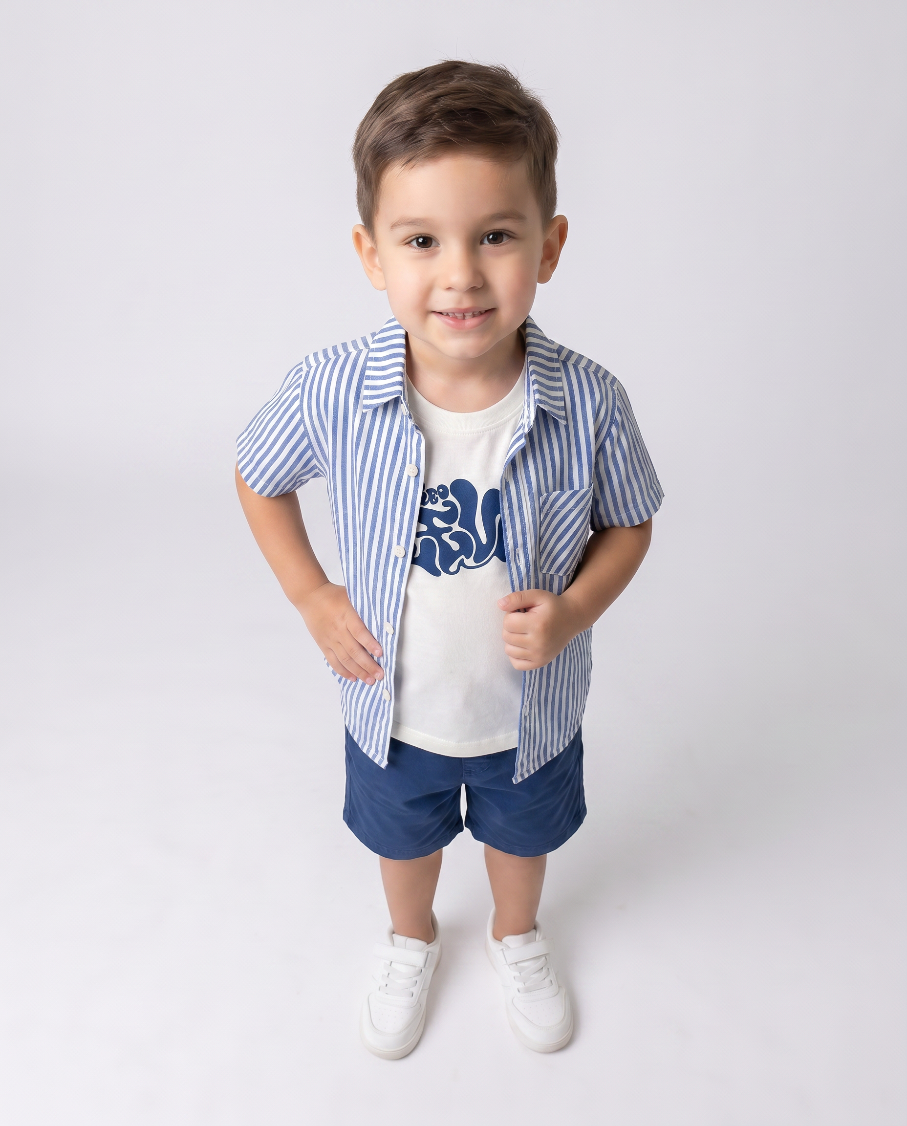 Boys set 3 Pieces stripes shirt with short sleeves printed tshirt and Gabardine short