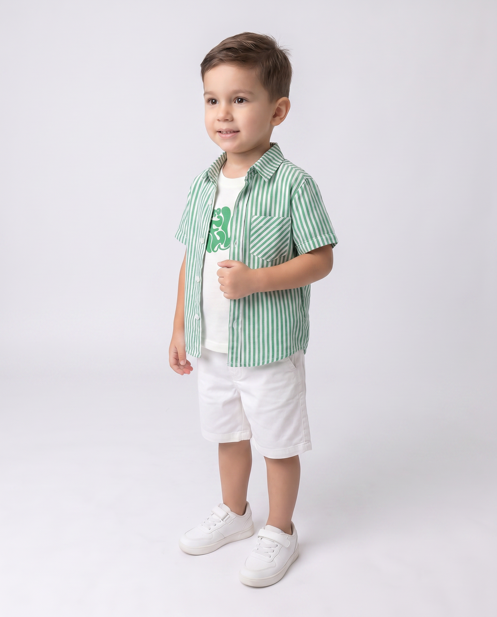 Boys set 3 Pieces stripes shirt with short sleeves printed tshirt and Gabardine short