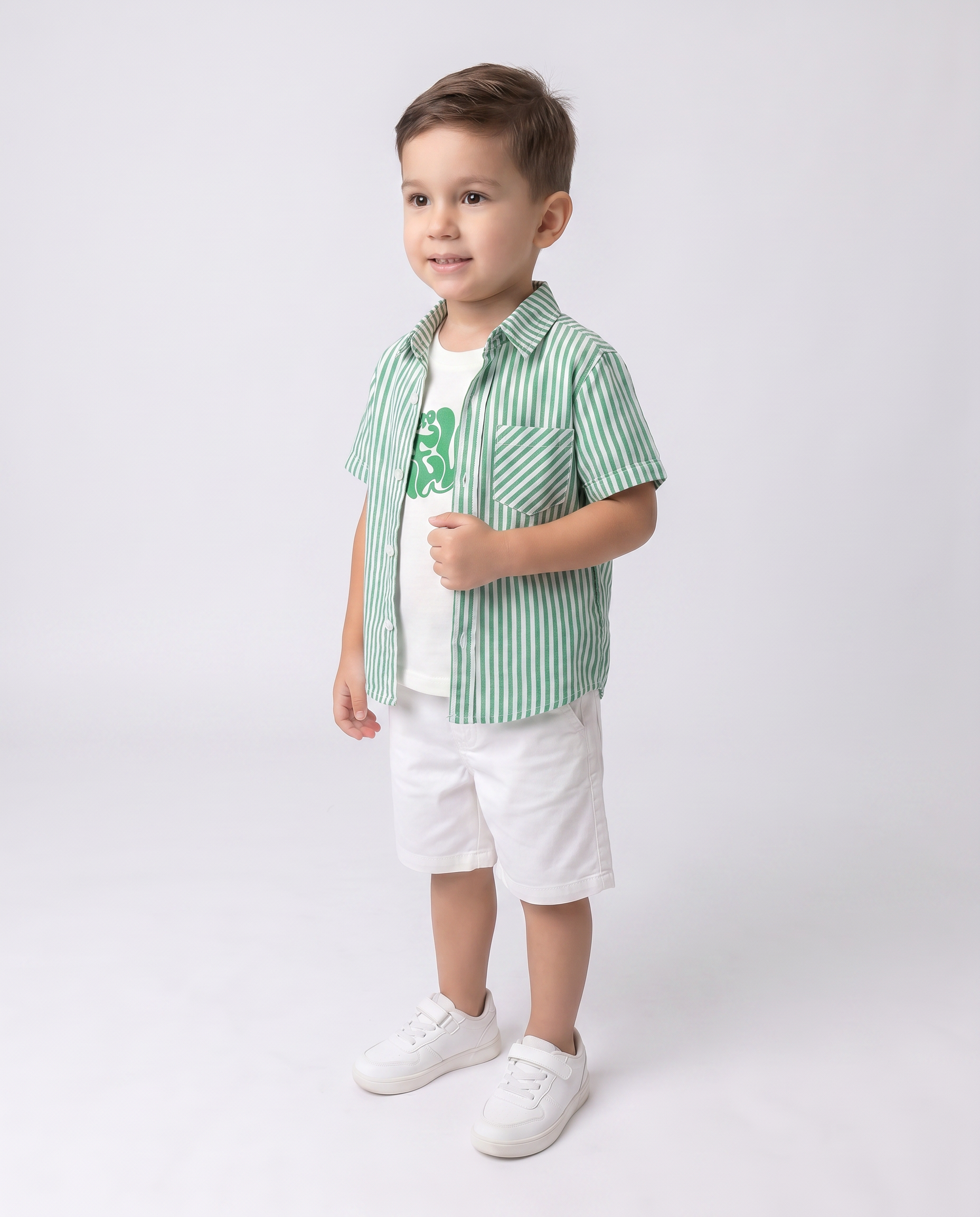 Boys set 3 Pieces stripes shirt with short sleeves printed tshirt and Gabardine short