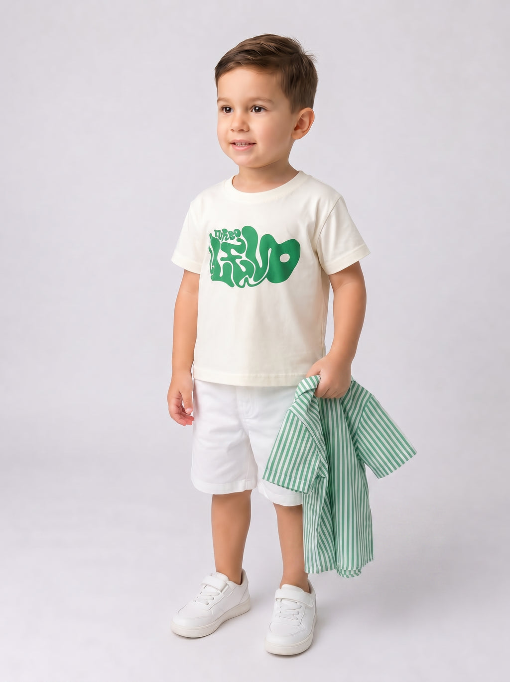 Boys set 3 Pieces stripes shirt with short sleeves printed tshirt and Gabardine short